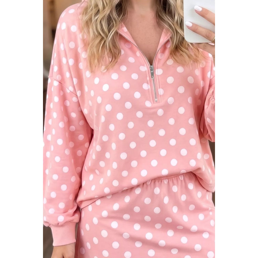 Polka Dot Quarter Zip Sweatshirt and Shorts Set Pink / S Apparel and Accessories