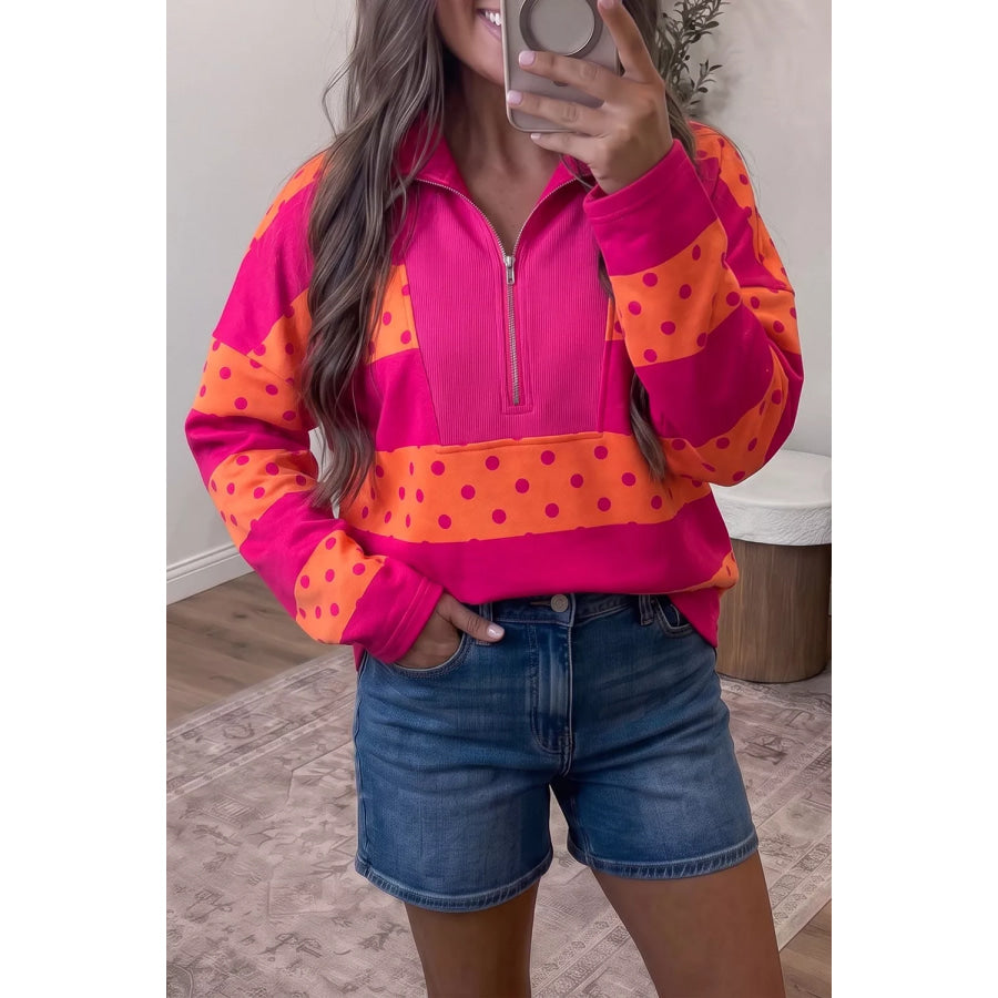 Polka Dot Quarter-Zip Sweatshirt Hot Pink / S Apparel and Accessories