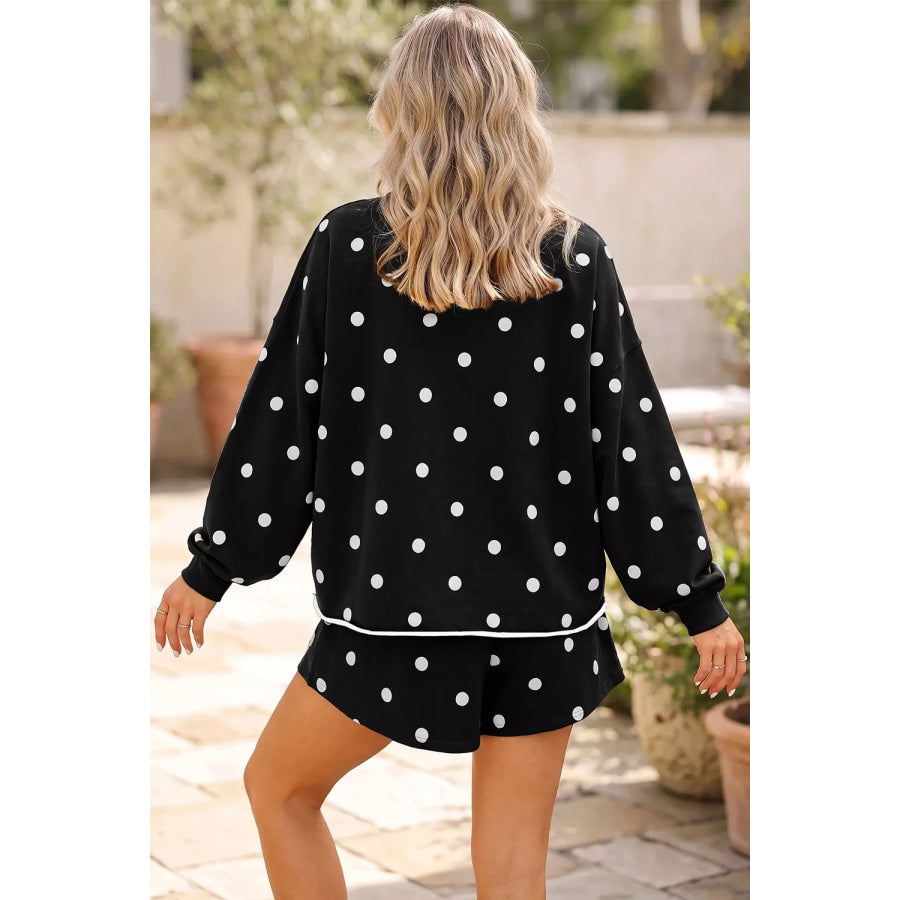 Polka Dot Raw Hem Relaxed Pullover Loose Skort Two Piece Set Black / S Apparel and Accessories