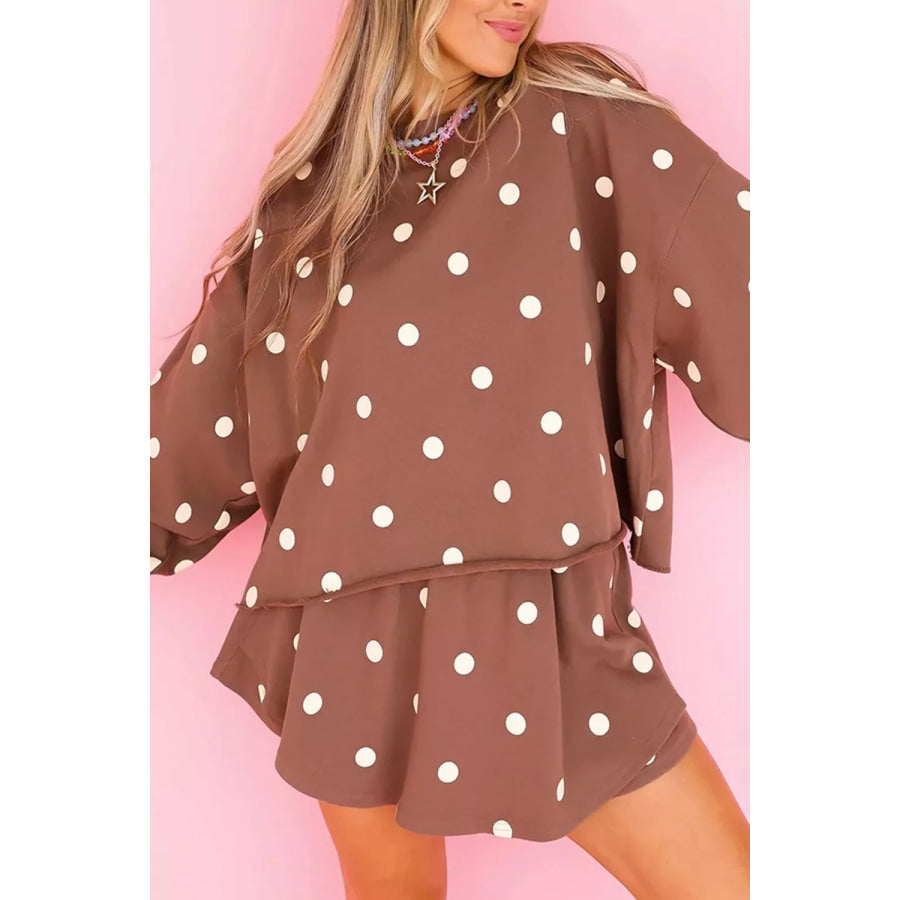 Polka Dot Raw Hem Relaxed Pullover Loose Skort Two Piece Set Apparel and Accessories
