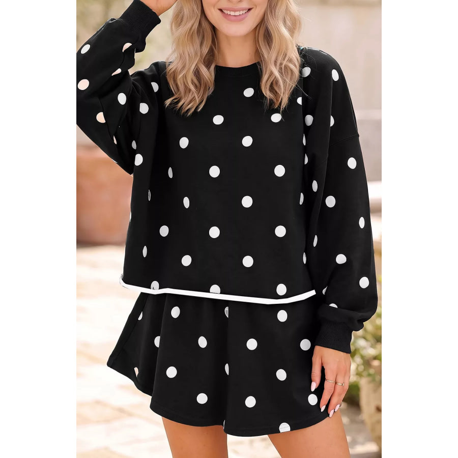 Polka Dot Raw Hem Relaxed Pullover Loose Skort Two Piece Set Black / S Apparel and Accessories