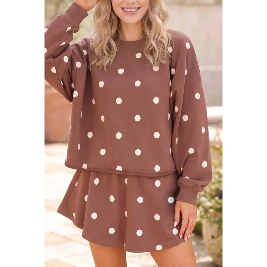 Polka Dot Raw Hem Relaxed Pullover Loose Skort Two Piece Set Caramel / S Apparel and Accessories