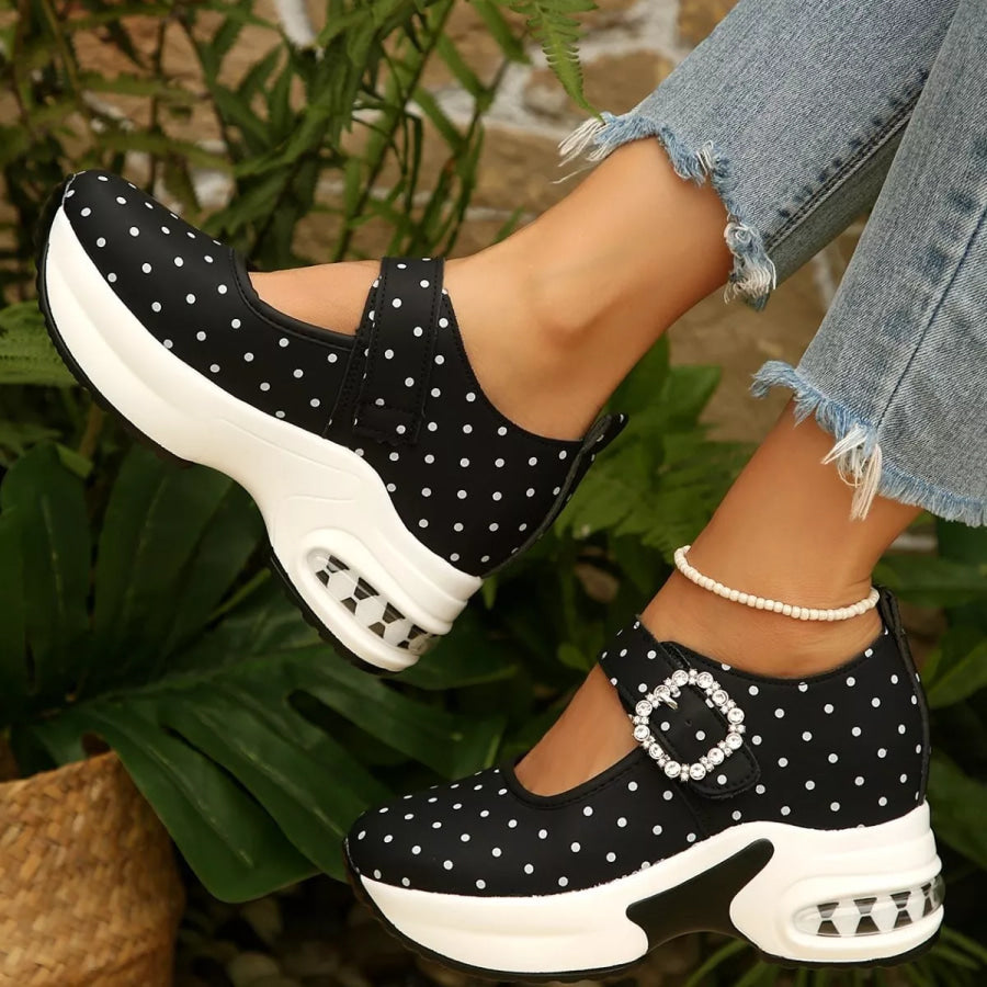 Polka Dot Rhinestone Buckle Platform Loafers Apparel and Accessories