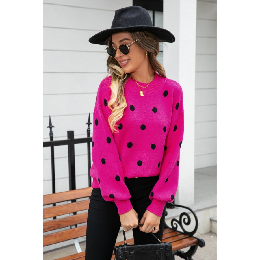 Polka Dot Round Neck Dropped Shoulder Sweater Deep Rose / S