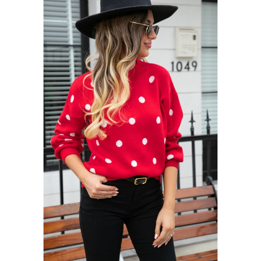 Polka Dot Round Neck Dropped Shoulder Sweater Red / S