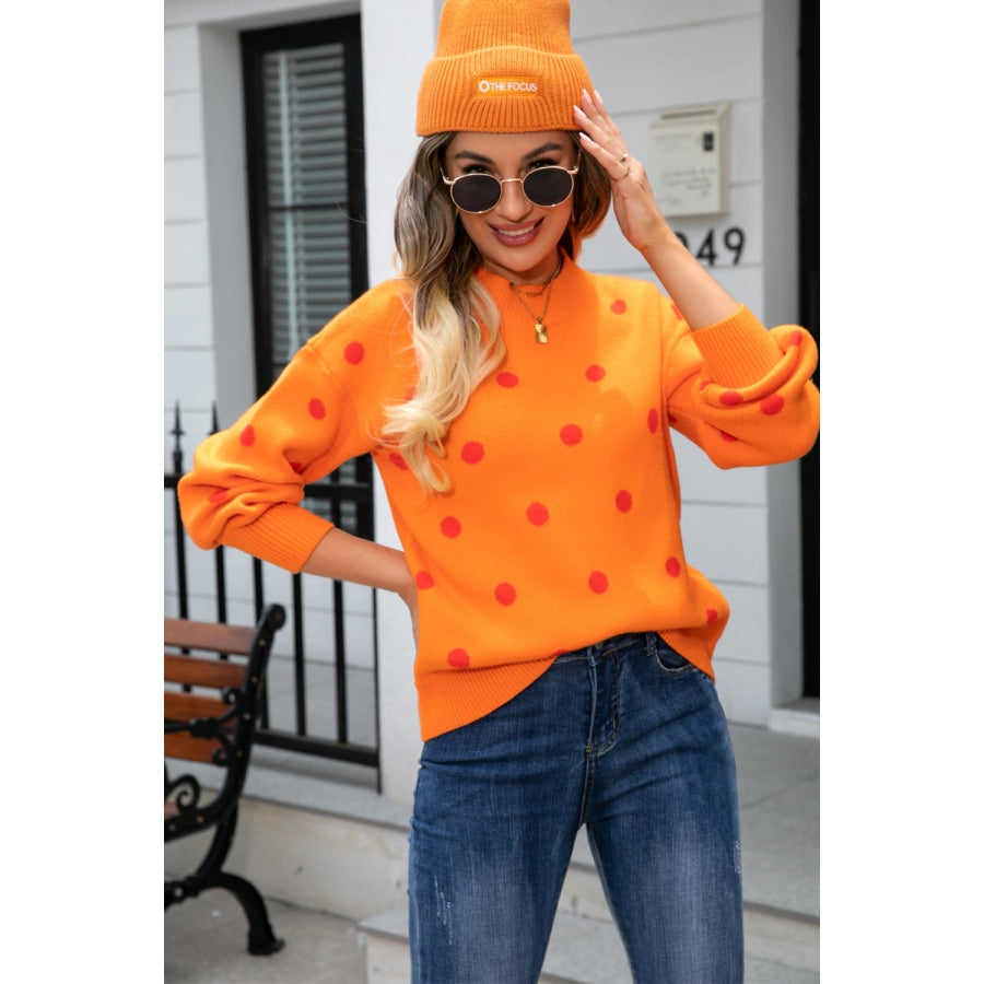 Polka Dot Round Neck Dropped Shoulder Sweater Tangerine / S