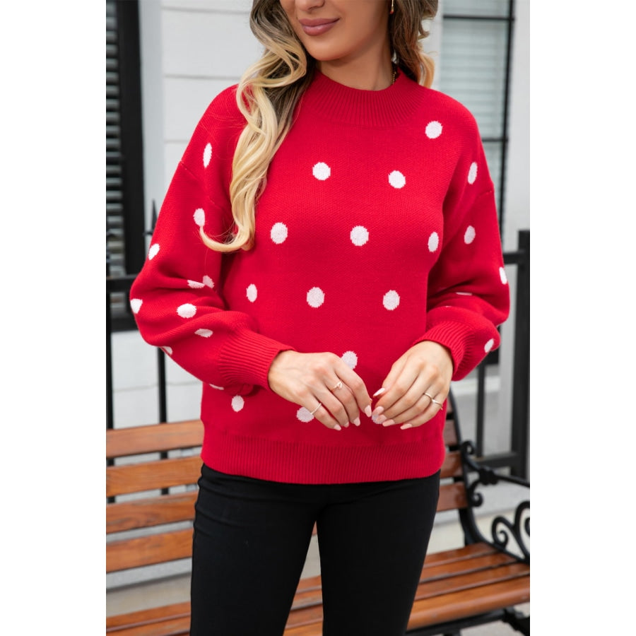 Polka Dot Round Neck Dropped Shoulder Sweater