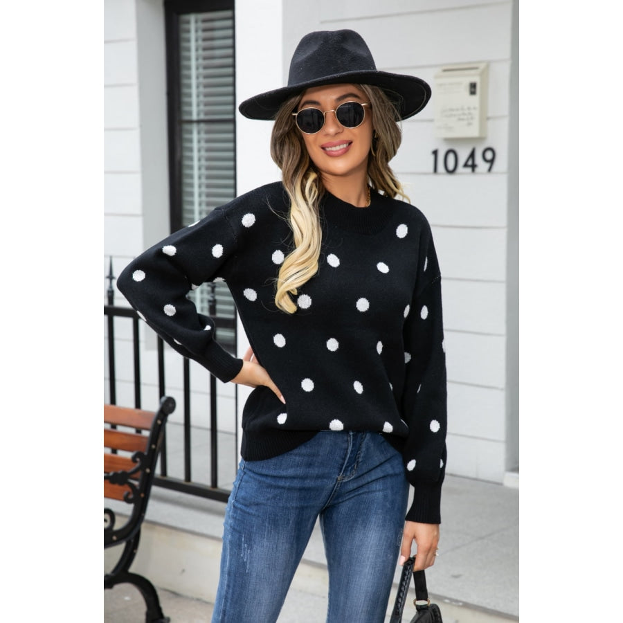 Polka Dot Round Neck Dropped Shoulder Sweater