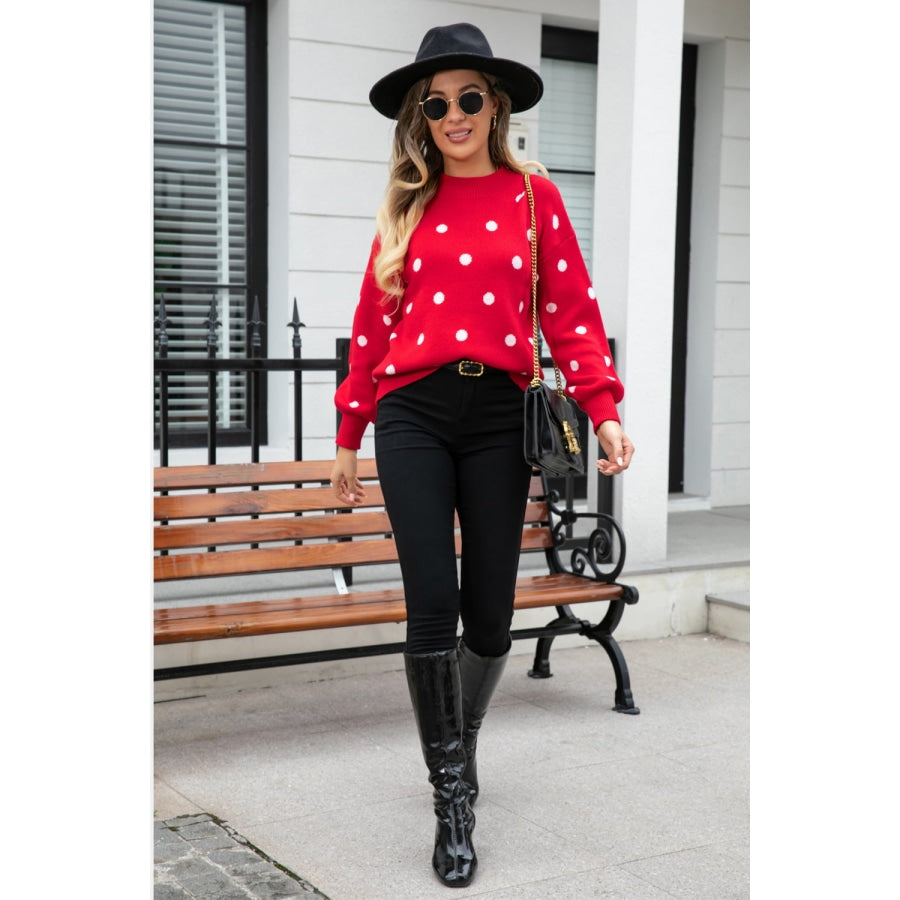 Polka Dot Round Neck Dropped Shoulder Sweater