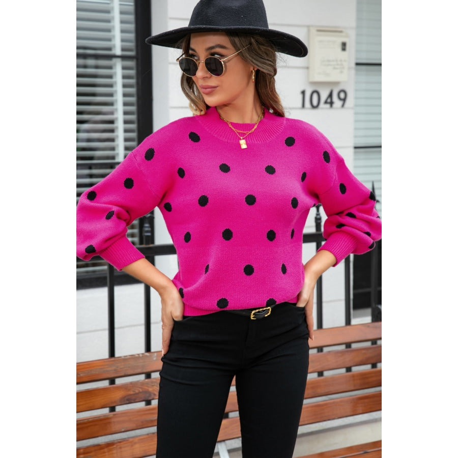 Polka Dot Round Neck Dropped Shoulder Sweater