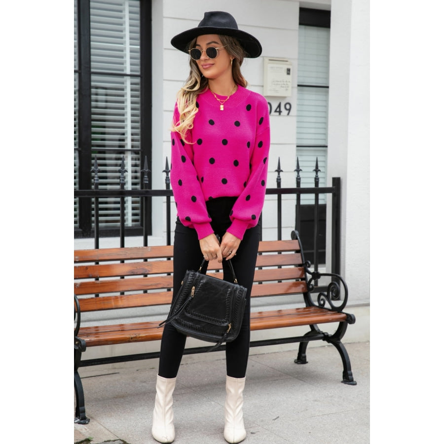 Polka Dot Round Neck Dropped Shoulder Sweater