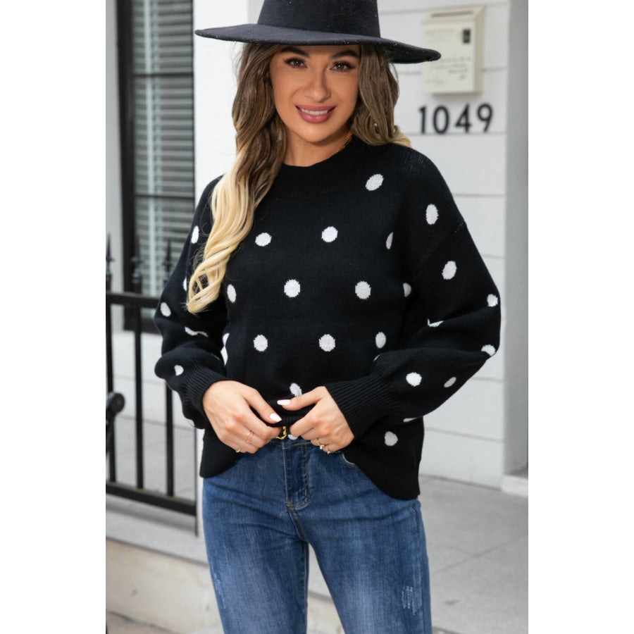 Polka Dot Round Neck Dropped Shoulder Sweater