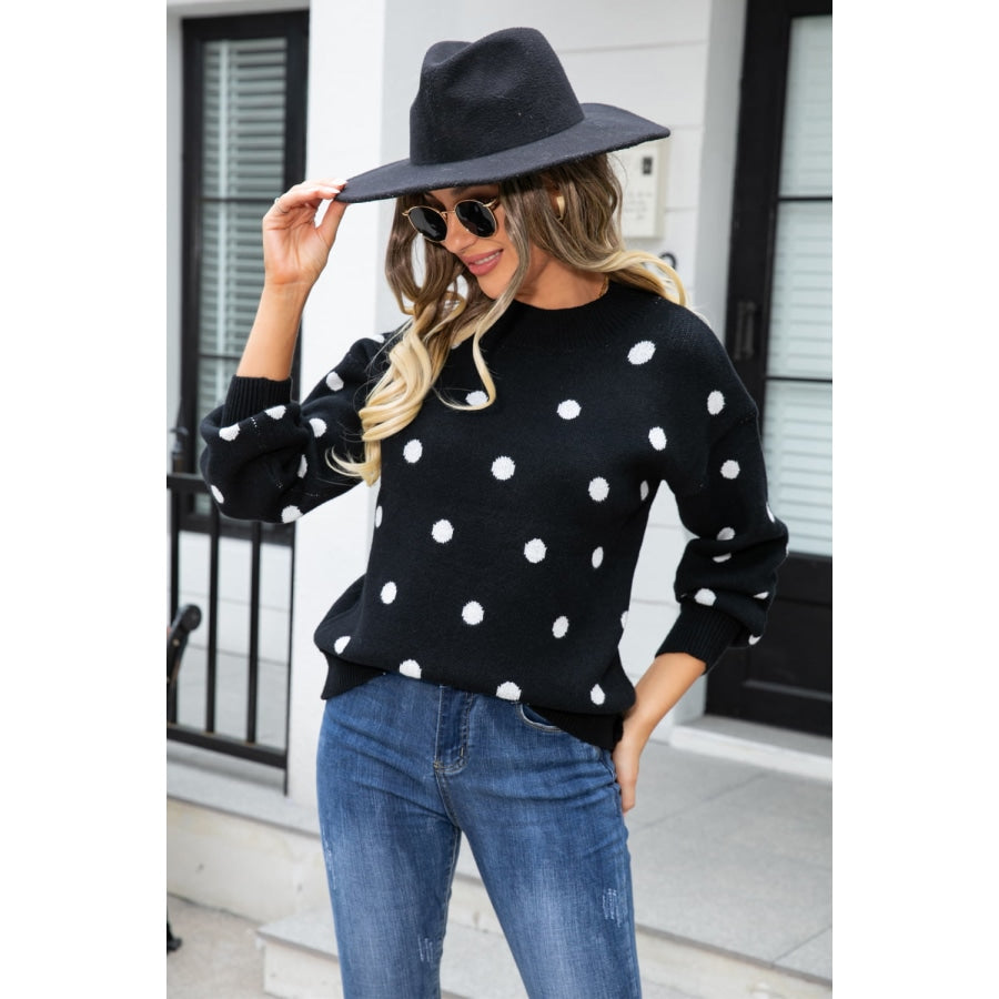 Polka Dot Round Neck Dropped Shoulder Sweater