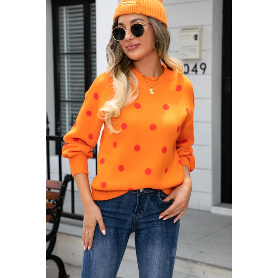 Polka Dot Round Neck Dropped Shoulder Sweater