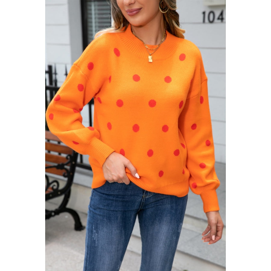 Polka Dot Round Neck Dropped Shoulder Sweater