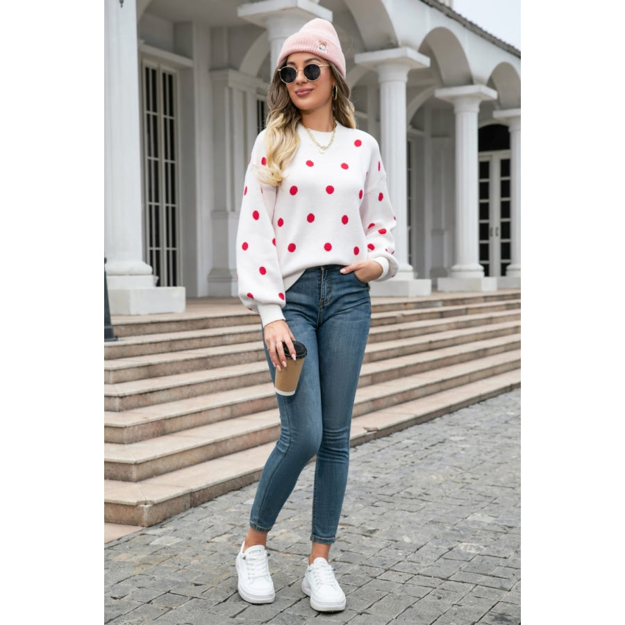 Polka Dot Round Neck Dropped Shoulder Sweater