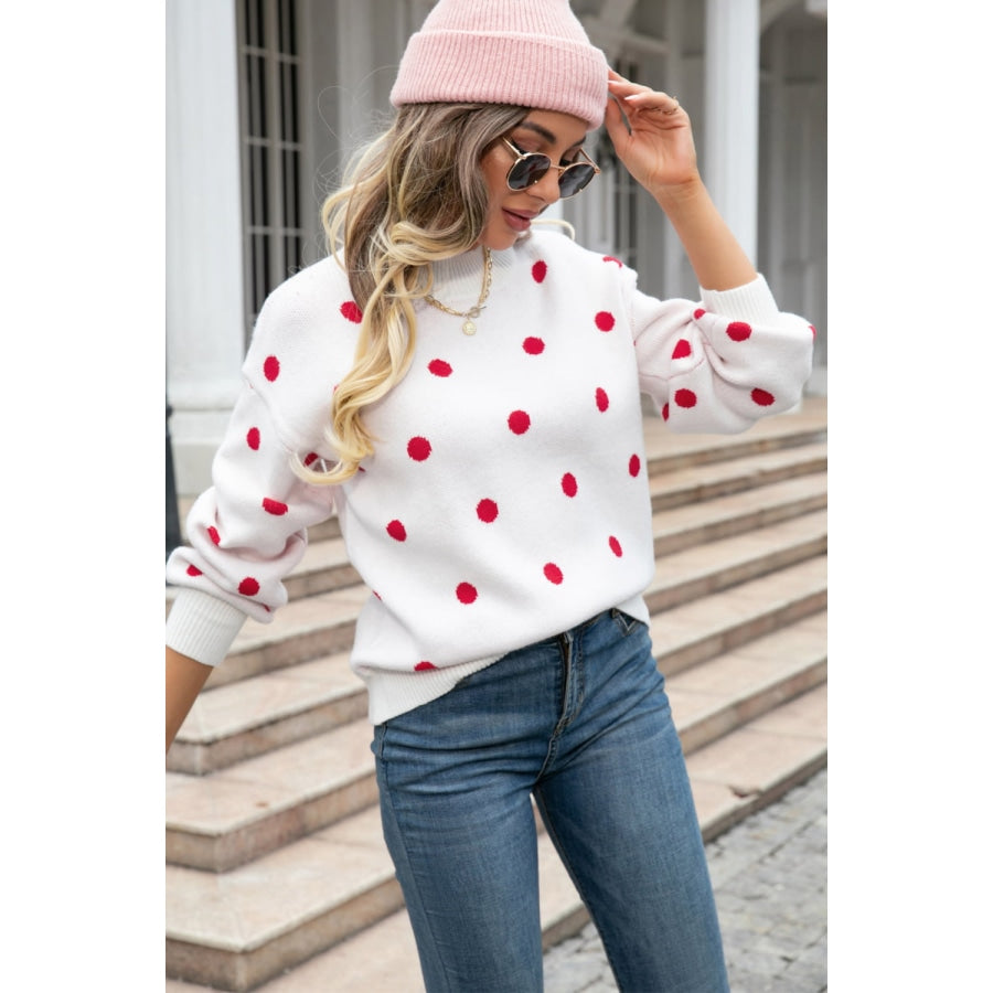 Polka Dot Round Neck Dropped Shoulder Sweater