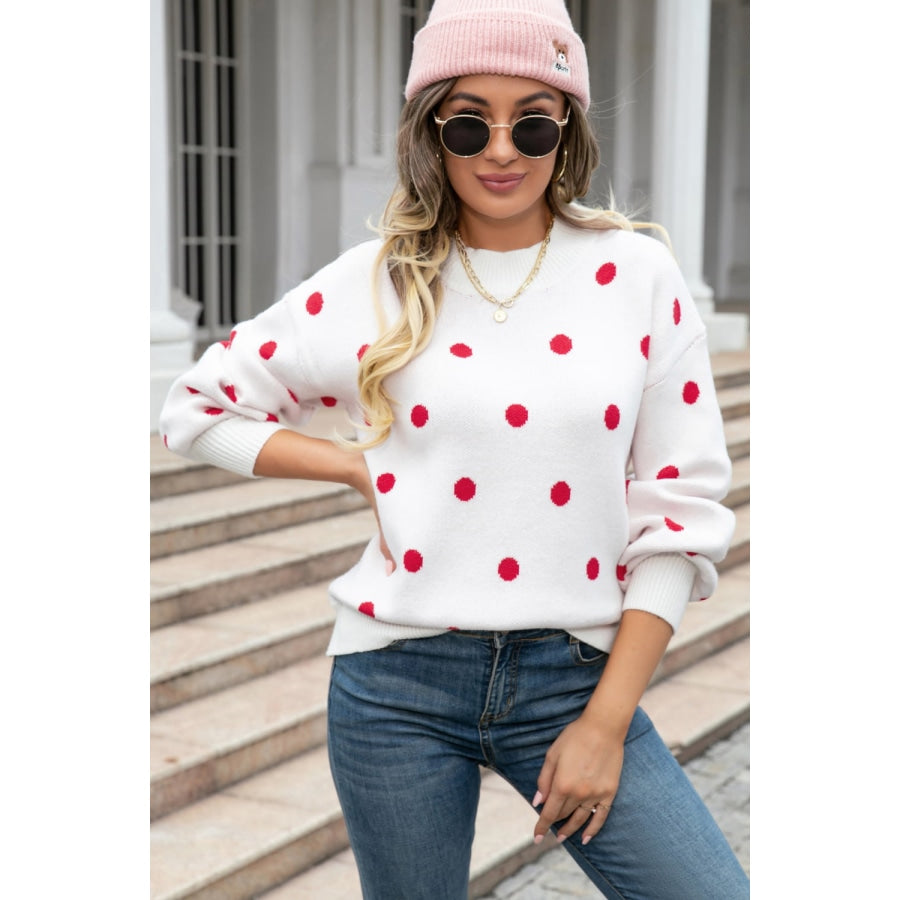 Polka Dot Round Neck Dropped Shoulder Sweater