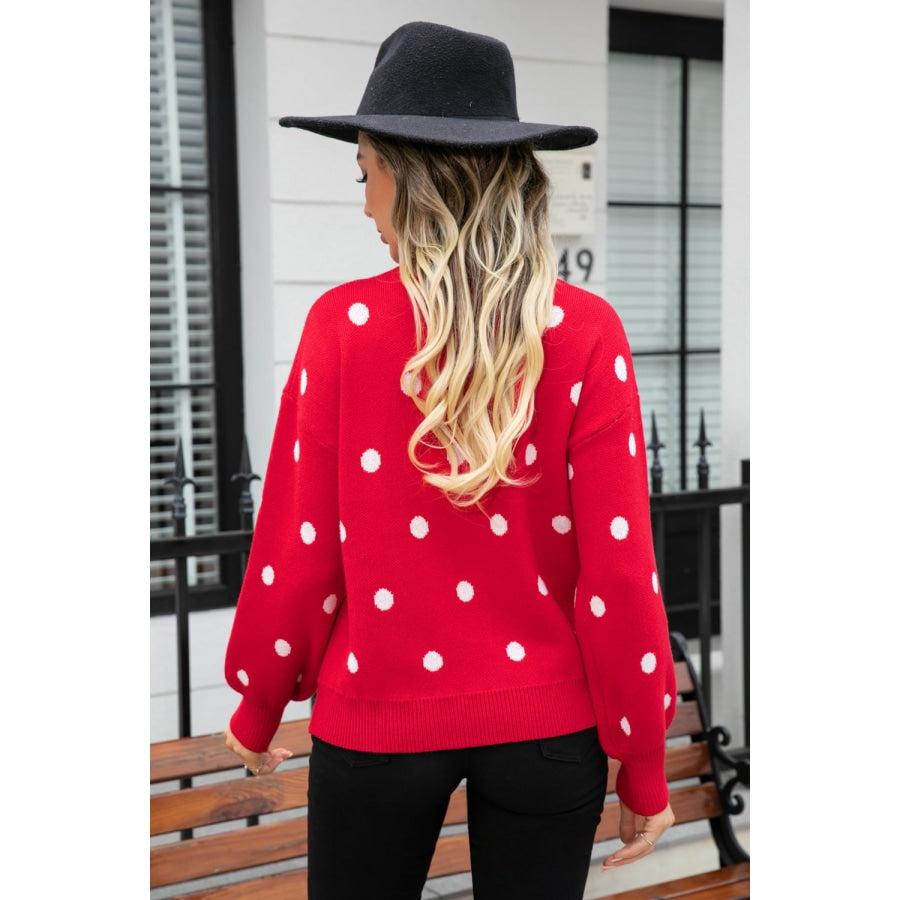 Polka Dot Round Neck Dropped Shoulder Sweater