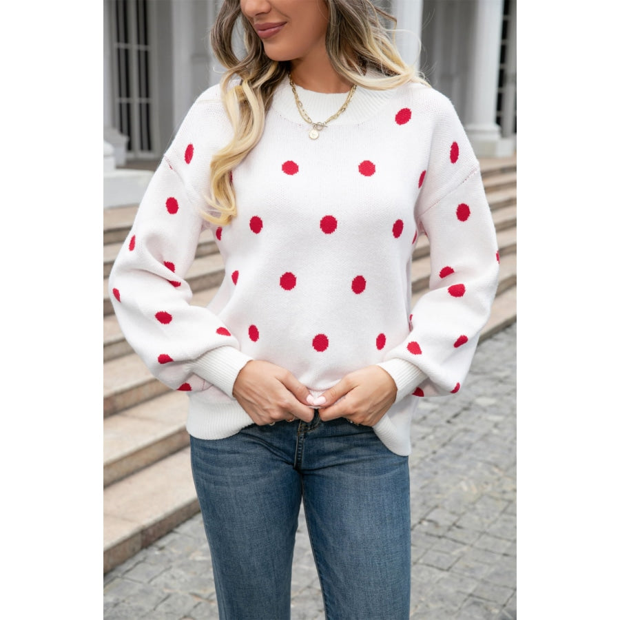 Polka Dot Round Neck Dropped Shoulder Sweater White / S