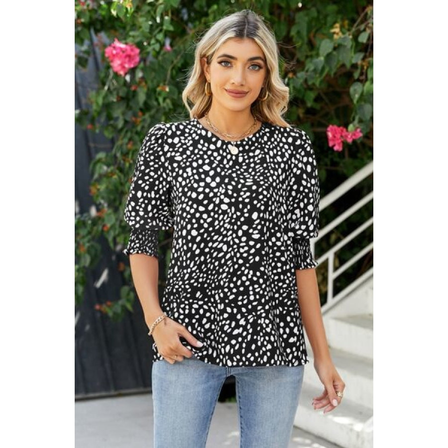 Polka Dot Round Neck Lantern Sleeve Blouse Black / S Clothing