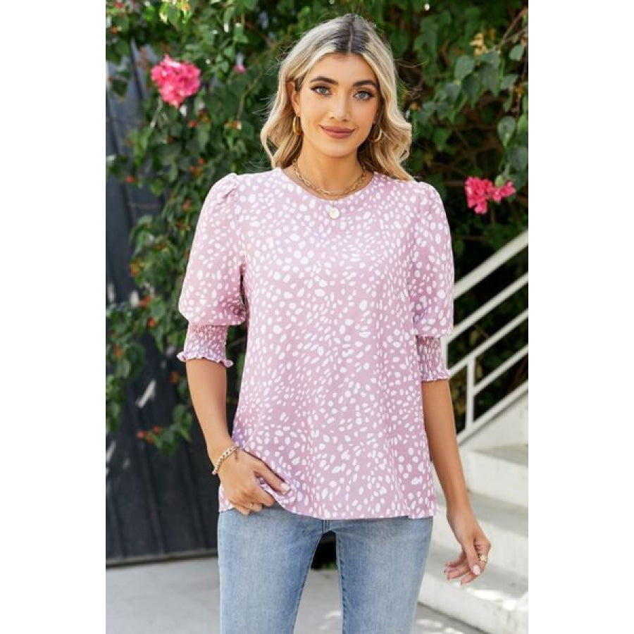 Polka Dot Round Neck Lantern Sleeve Blouse Blush Pink / S Clothing