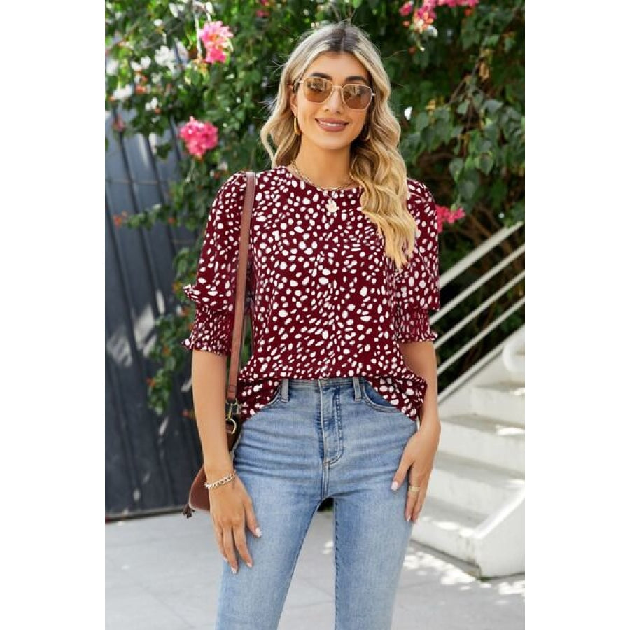 Polka Dot Round Neck Lantern Sleeve Blouse Clothing