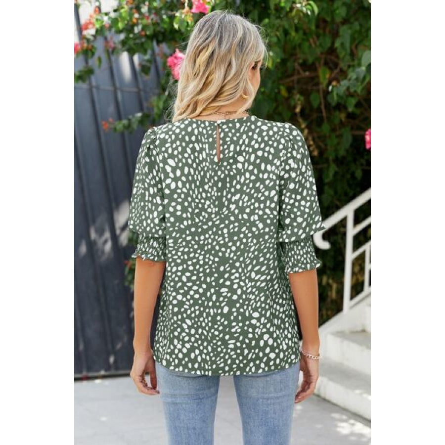 Polka Dot Round Neck Lantern Sleeve Blouse Clothing