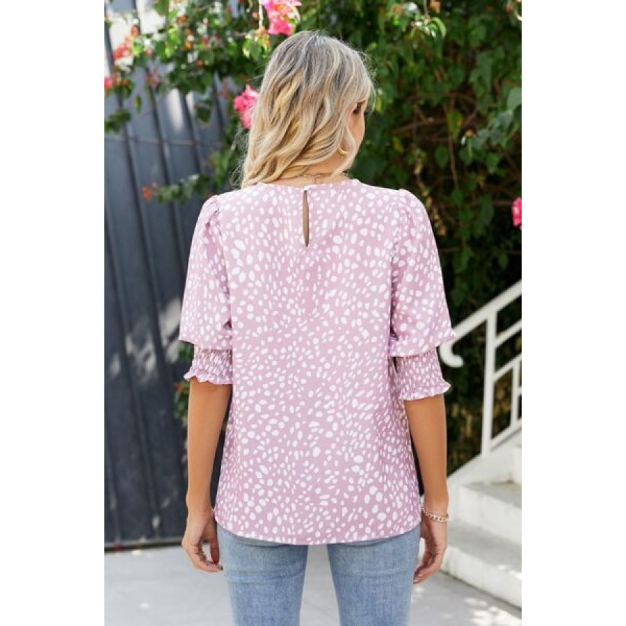 Polka Dot Round Neck Lantern Sleeve Blouse Clothing