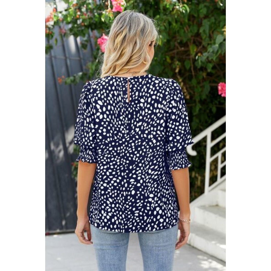 Polka Dot Round Neck Lantern Sleeve Blouse Clothing