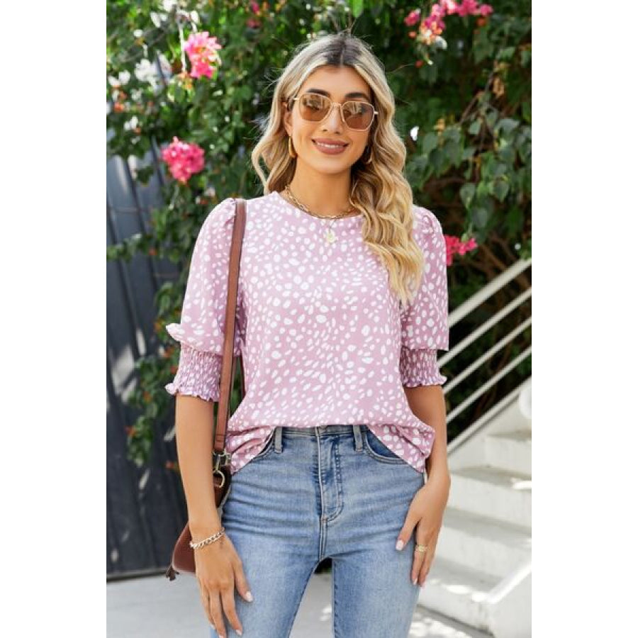 Polka Dot Round Neck Lantern Sleeve Blouse Blush Pink / S Clothing