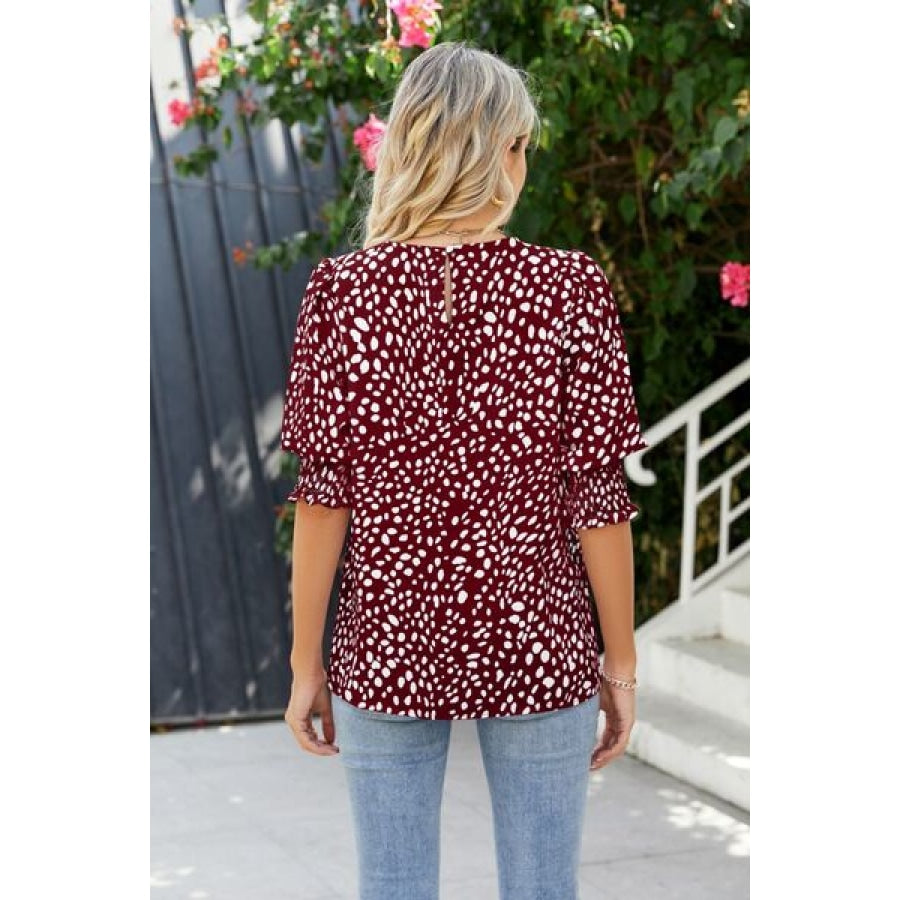 Polka Dot Round Neck Lantern Sleeve Blouse Clothing