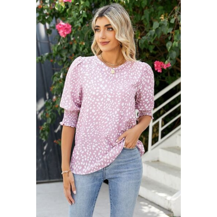 Polka Dot Round Neck Lantern Sleeve Blouse Clothing