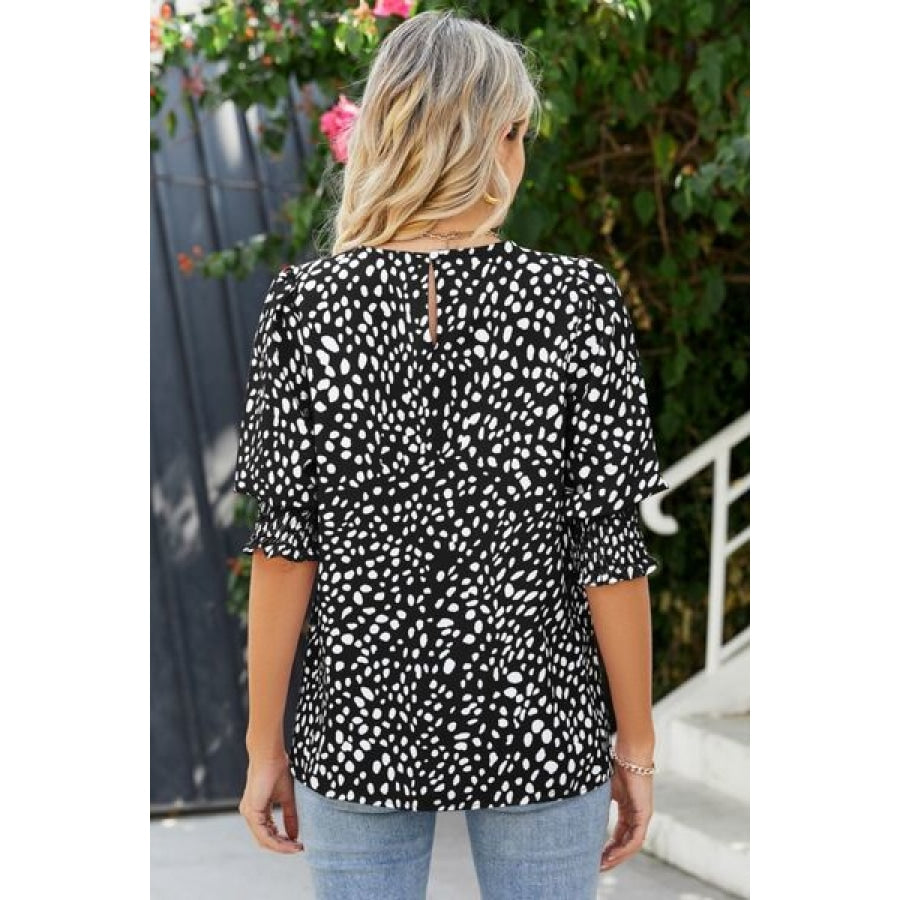 Polka Dot Round Neck Lantern Sleeve Blouse Clothing