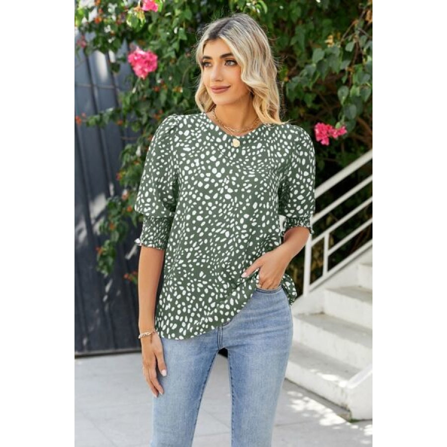 Polka Dot Round Neck Lantern Sleeve Blouse Clothing