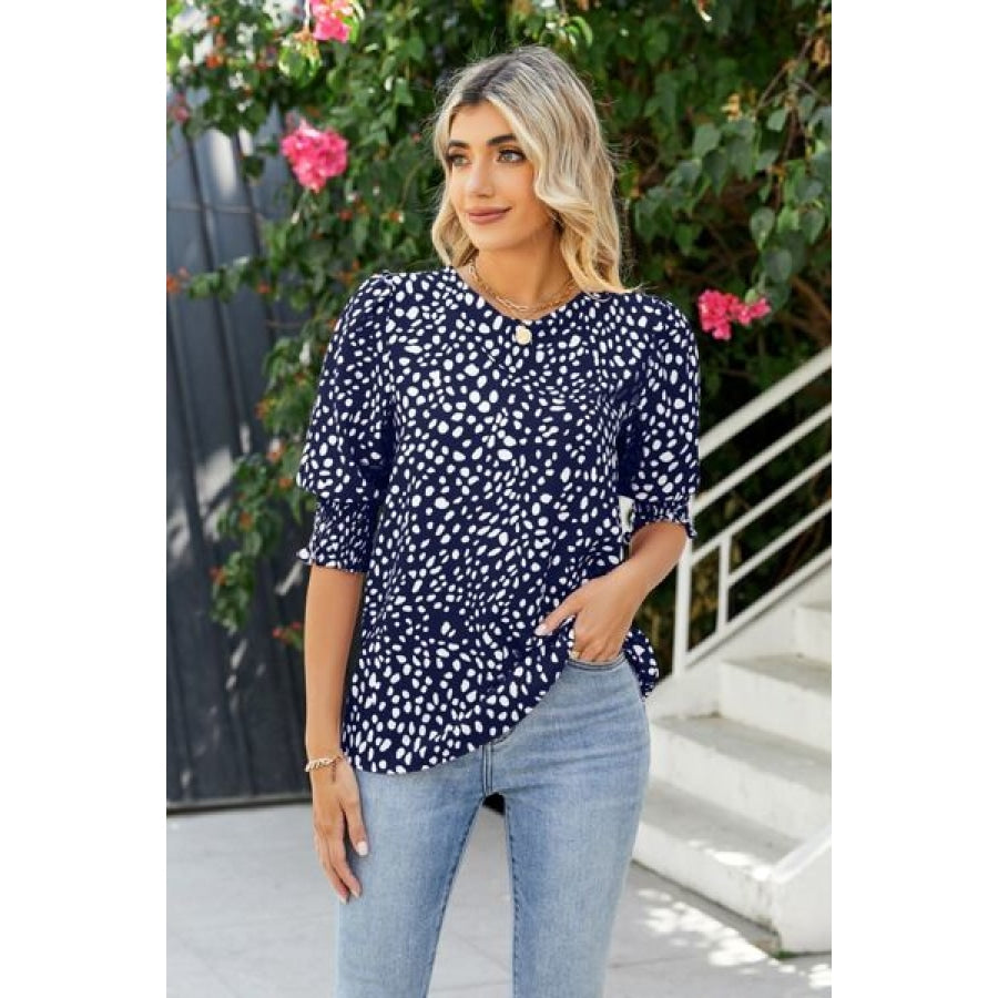 Polka Dot Round Neck Lantern Sleeve Blouse Clothing