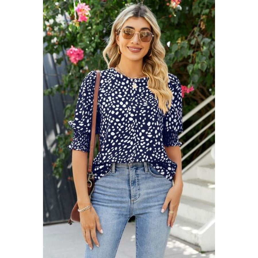 Polka Dot Round Neck Lantern Sleeve Blouse Cobald Blue / S Clothing