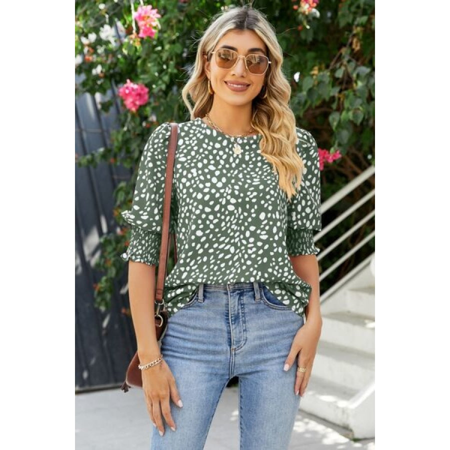 Polka Dot Round Neck Lantern Sleeve Blouse Gum Leaf / S Clothing