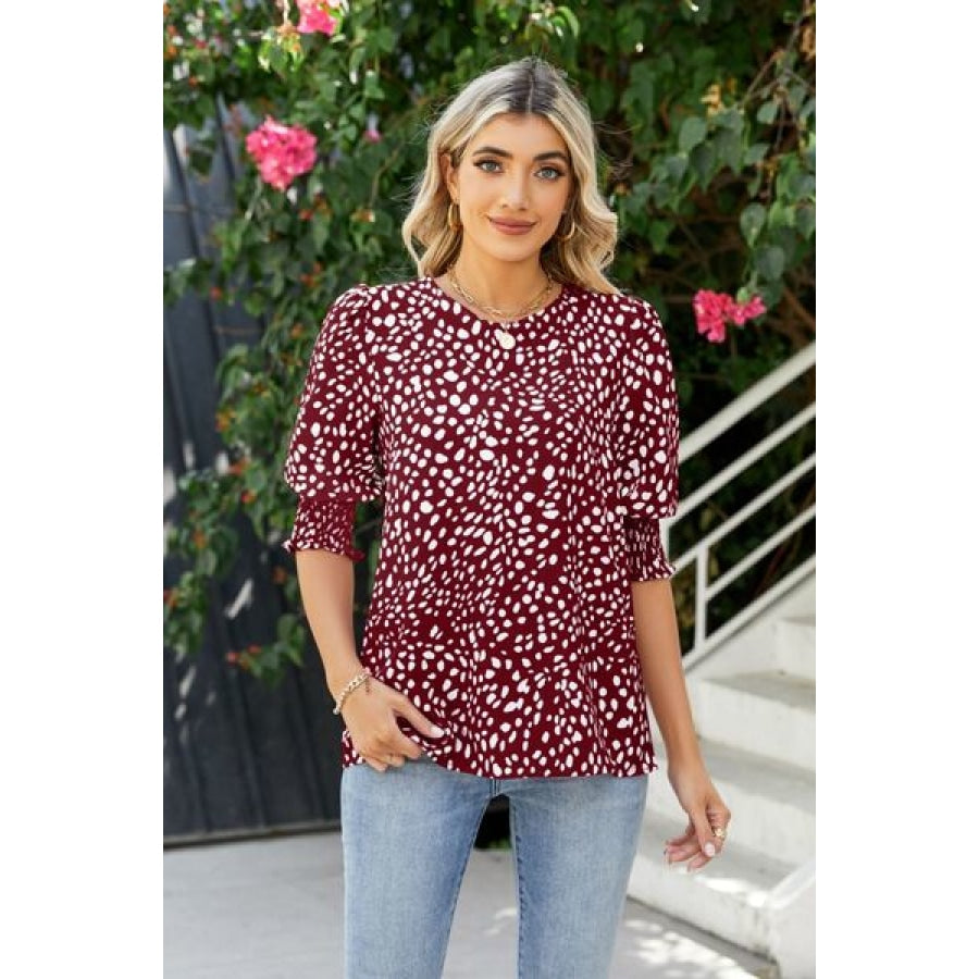 Polka Dot Round Neck Lantern Sleeve Blouse Wine / S Clothing