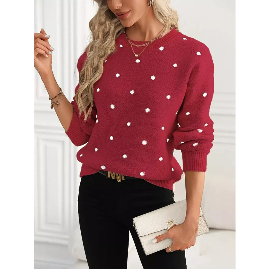 Polka Dot Round Neck Sweater Apparel and Accessories