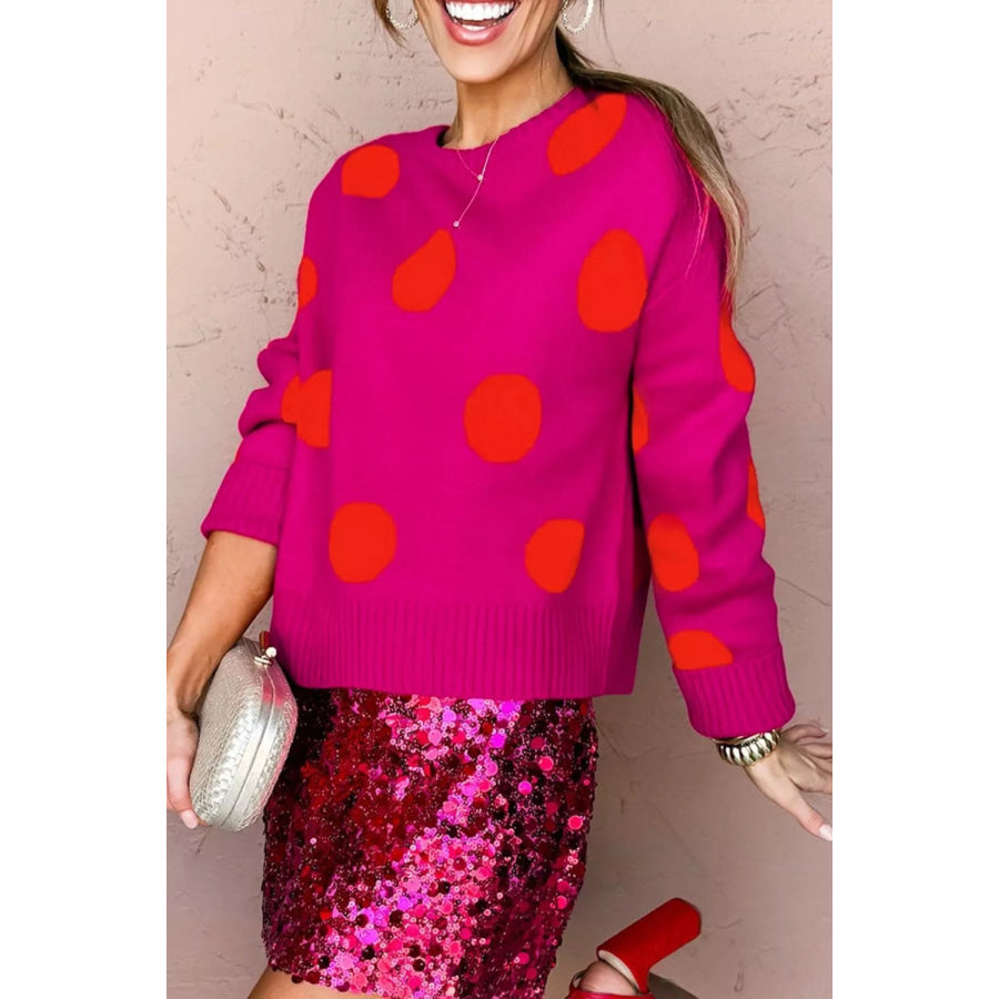 Polka Dot Round Neck Sweater Deep Rose / S Apparel and Accessories