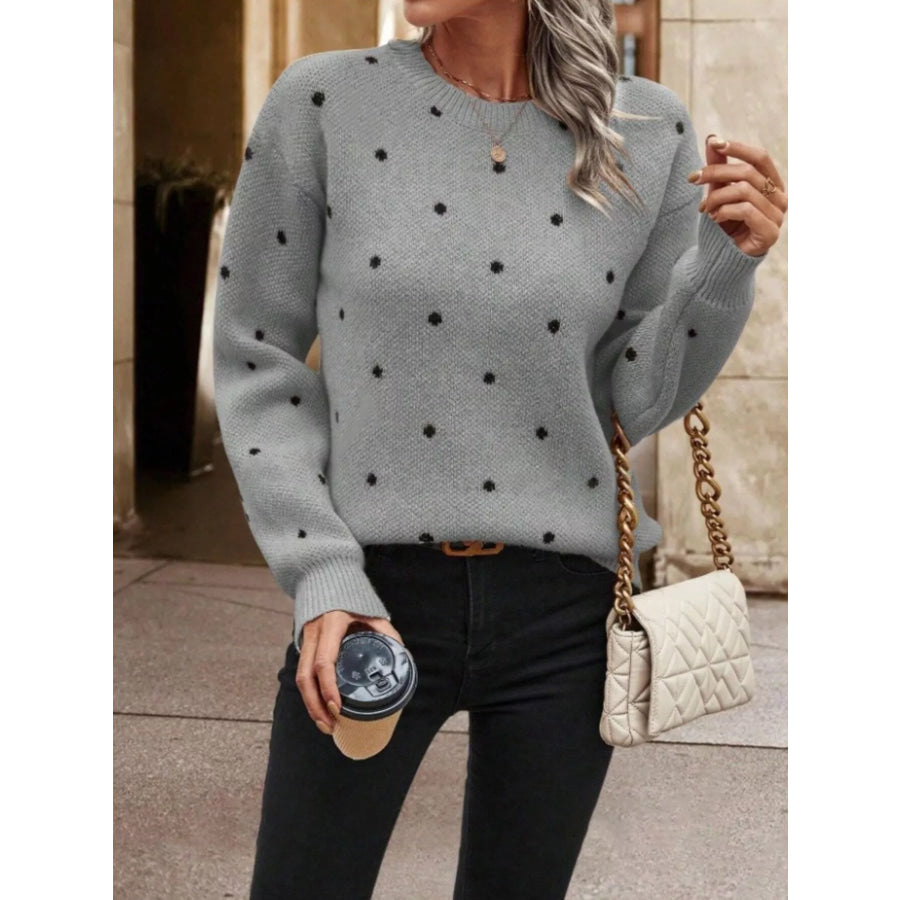 Polka Dot Round Neck Sweater Gray / S Apparel and Accessories