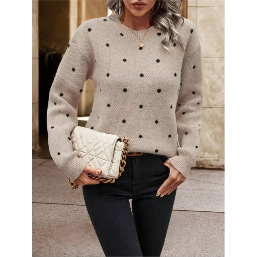 Polka Dot Round Neck Sweater Khaki / S Apparel and Accessories
