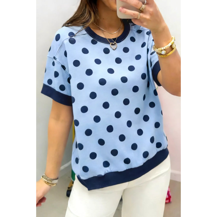 Polka Dot Round Neck Sweater Light Blue / S Apparel and Accessories