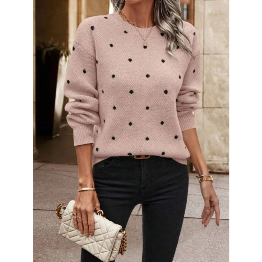 Polka Dot Round Neck Sweater Pink / S Apparel and Accessories