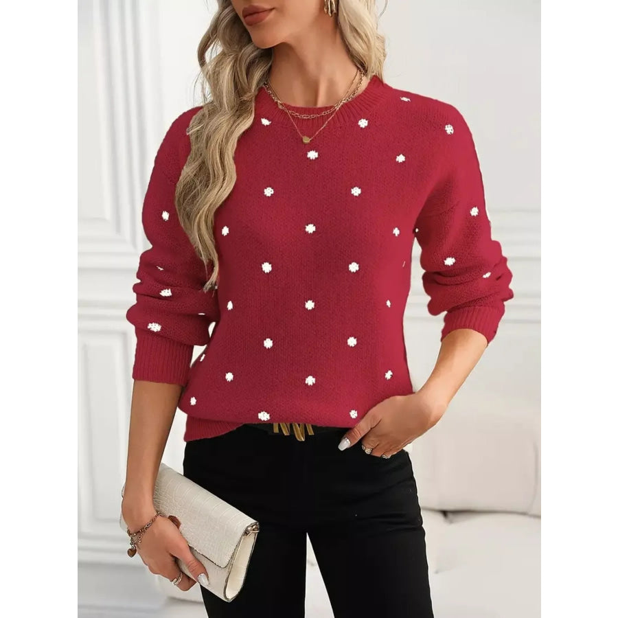 Polka Dot Round Neck Sweater Red / S Apparel and Accessories