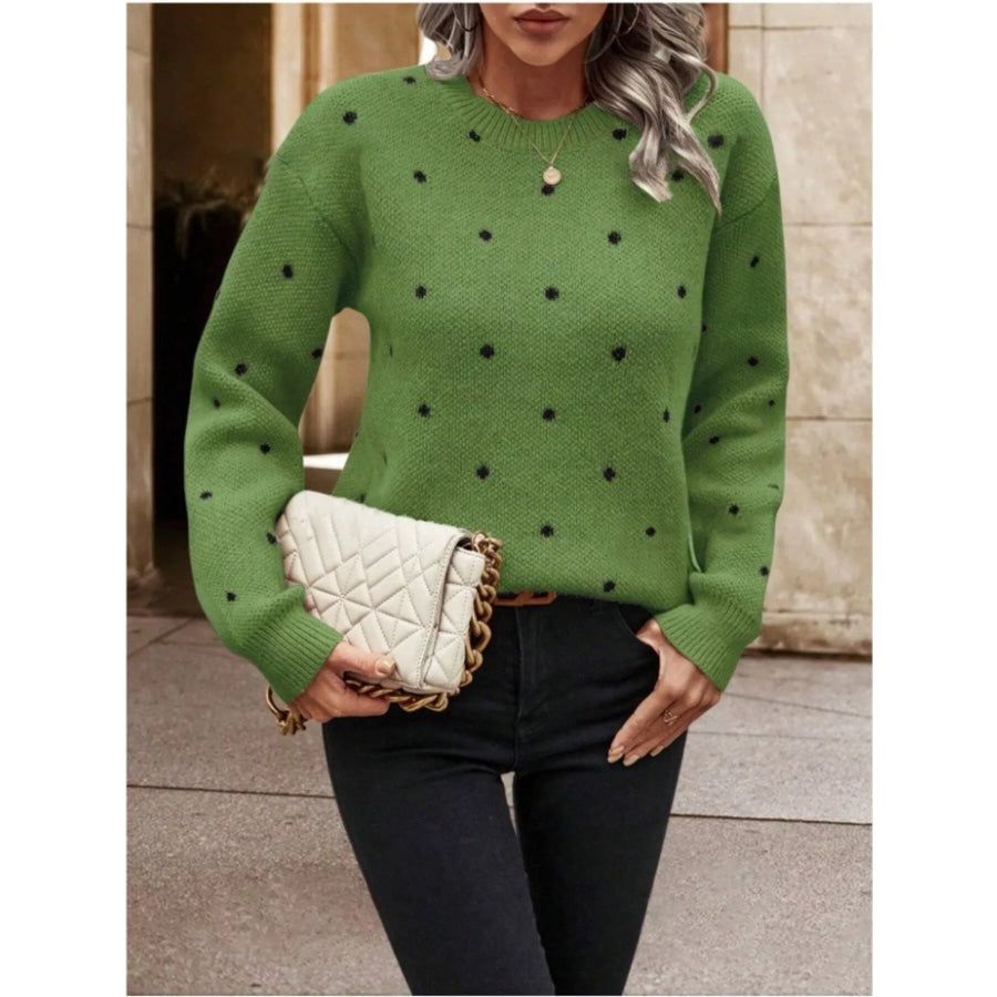 Polka Dot Round Neck Sweater Sage / S Apparel and Accessories