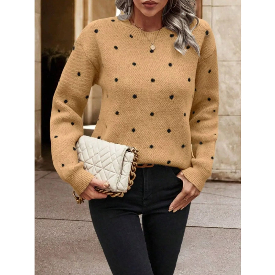Polka Dot Round Neck Sweater Tan / S Apparel and Accessories