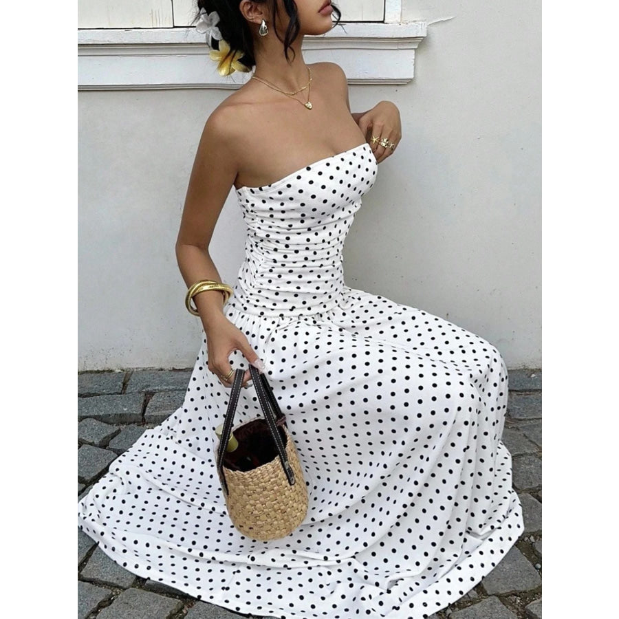 Polka Dot Ruched Strapless Maxi Dress Apparel and Accessories
