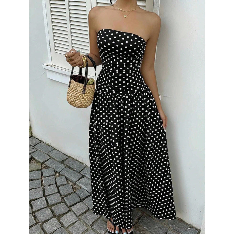 Polka Dot Ruched Strapless Maxi Dress Apparel and Accessories